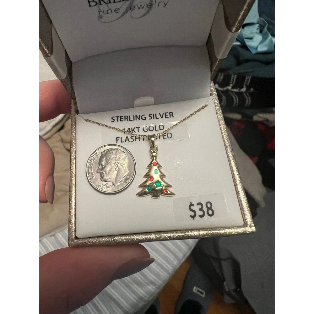 Necklace Pendant Christmas tree sterling silver gold plated new in box